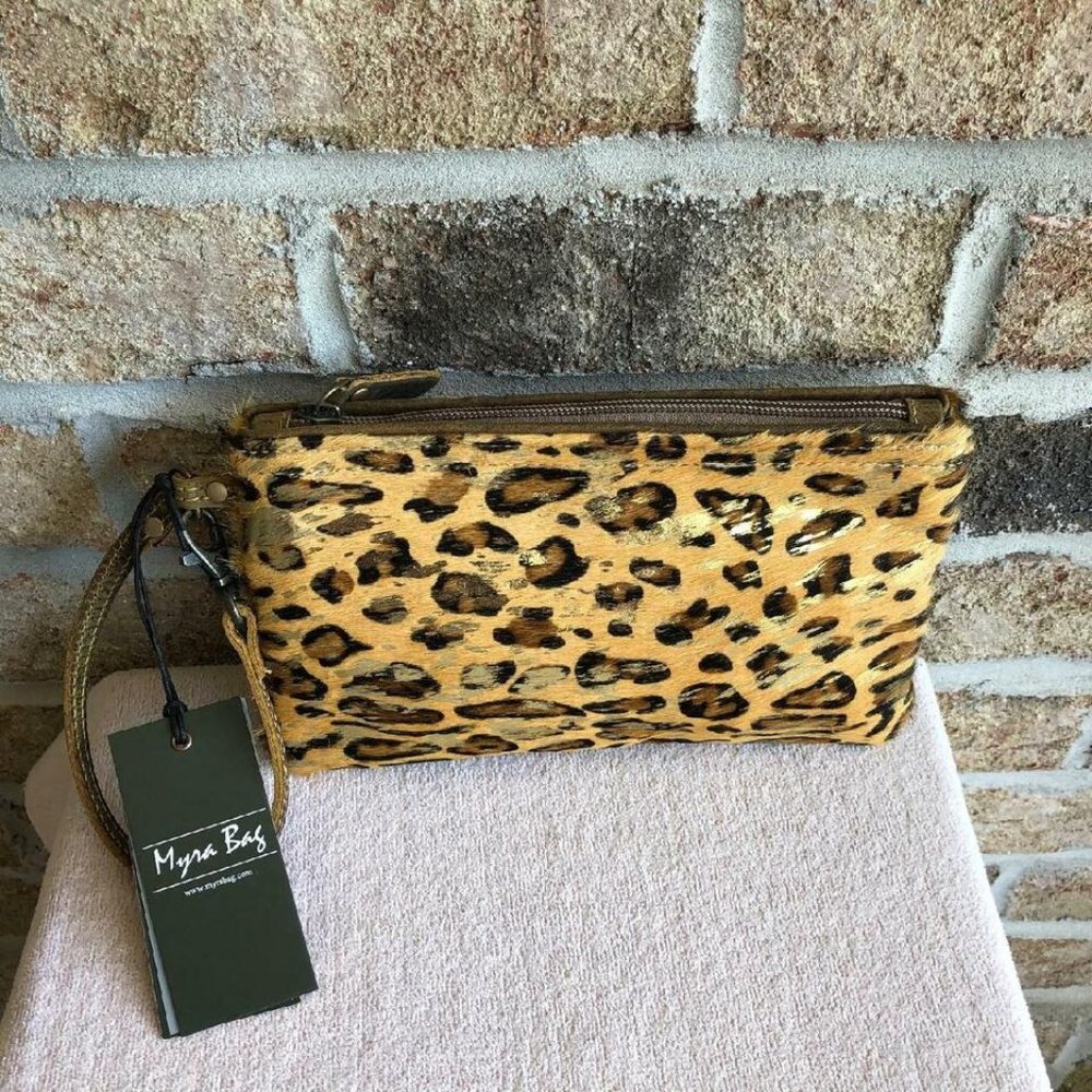 MYRA BAG LEATHER LEOPARD SLICK HAIRON POUCH, S-2827, NWT